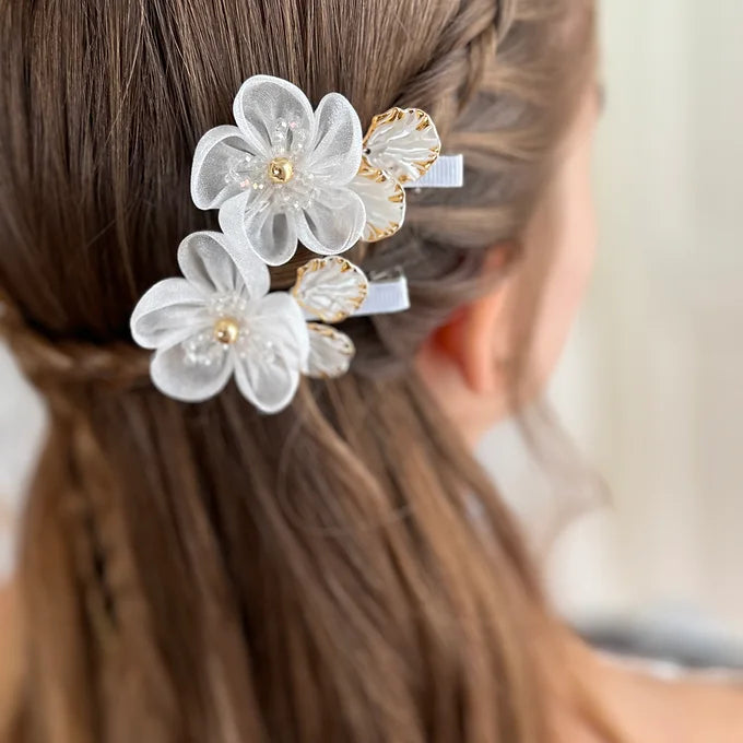 Kommunion Haarschmuck, Haarklammer Kommunion mit weißer Organza Blume, goldenen Elementen