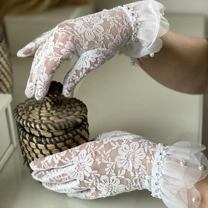 Spitzenhandschuhe, Brauthandschuhe Hochzeit aus Spitze, Tüll und Perlen