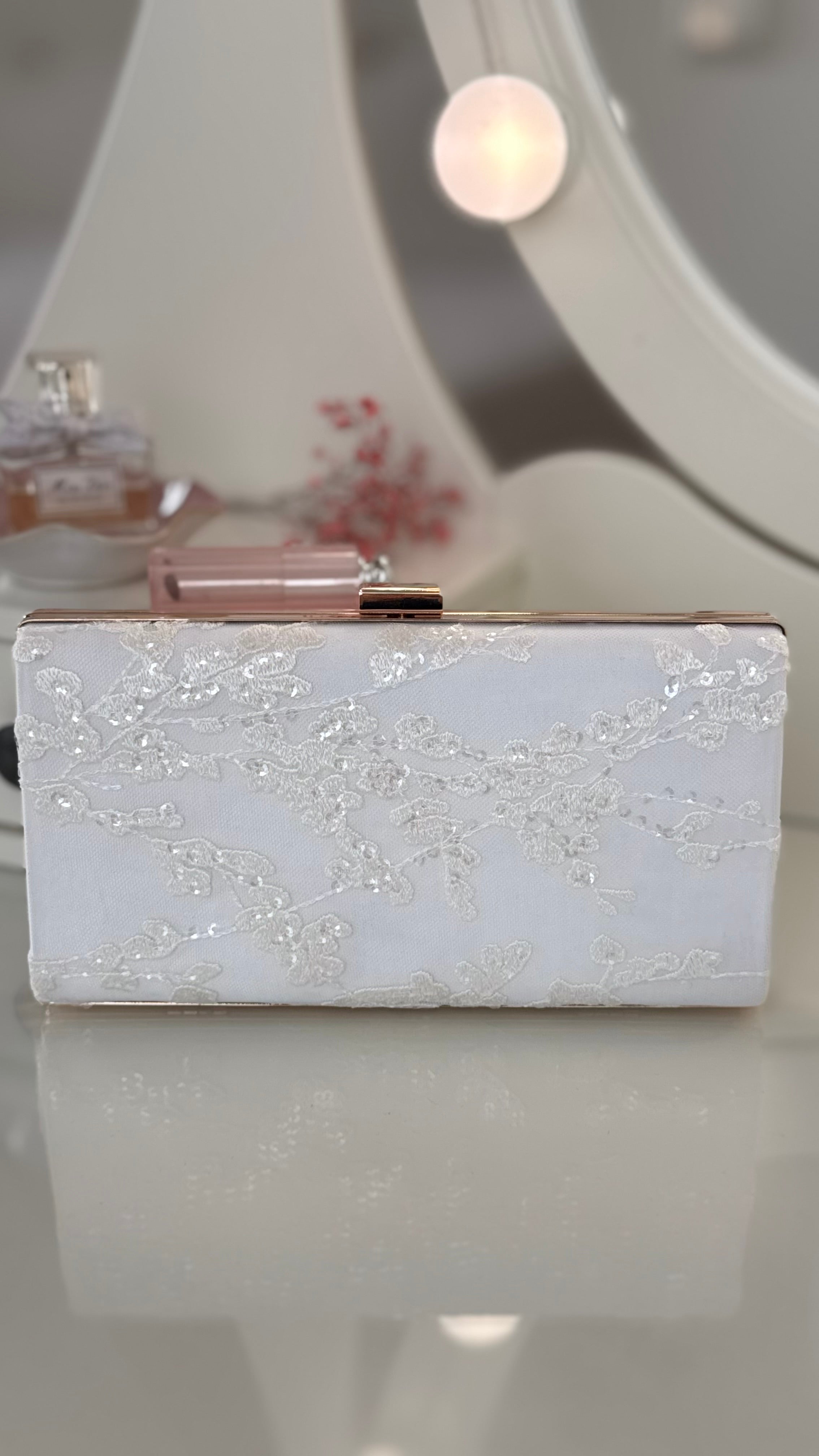 Braut Clutch Gold – Elegante Off-White Hochzeitstasche mit Kette