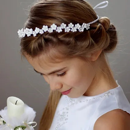 Haarschmuck Kommunion, Haarband mit vielen handgearbeiteten Blumen mit Perle in der Mitte