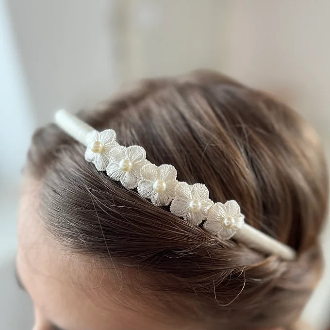 Kommunion Haarschmuck, Haarreif Kommunion mit Blumen und Perlen in ivory oder weiß