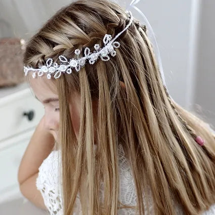 Haarband Kommunion mit weißen Blumen und Perlen