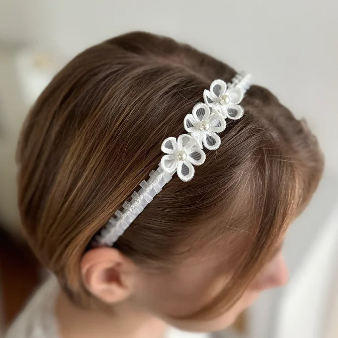Kommunion Haarschmuck, Haarreif für Kommunion mit zarten Blüten und Spitzenborte in weiß