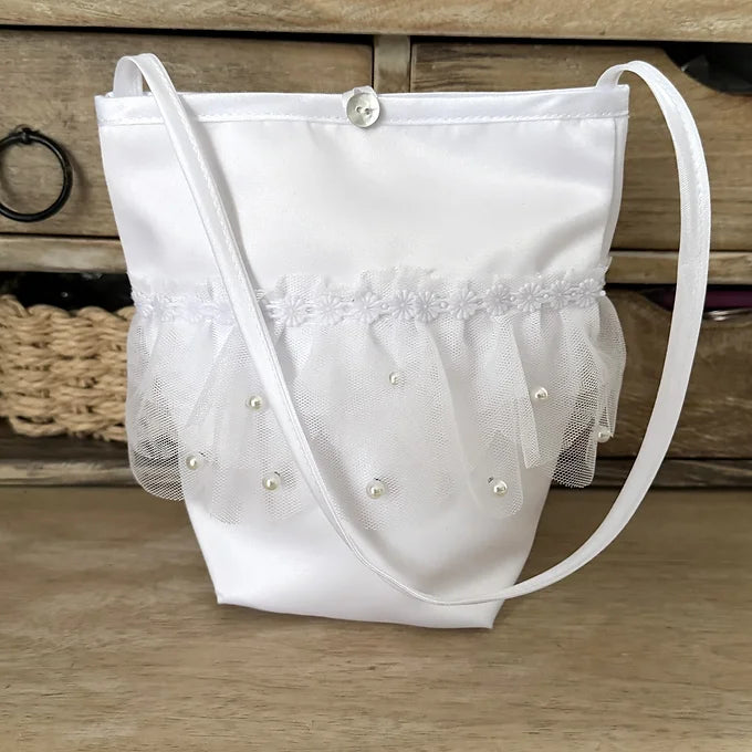 Kommuniontasche weiß, Tasche für Kommunion aus Tüll und Perlen