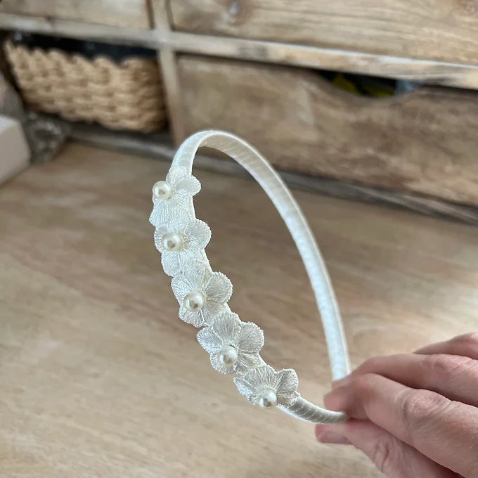 Kommunion Haarschmuck, Haarreif Kommunion mit Blumen und Perlen in ivory oder weiß
