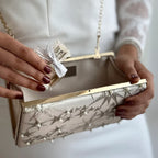 Brauttasche Clutch Ivory Gold Sterne – Abendtasche Hochzeit Perlen – Elegant
