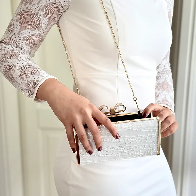 Braut Clutch Spitze Off-White – Hochzeitstasche mit Kette – elegante Brauttasche