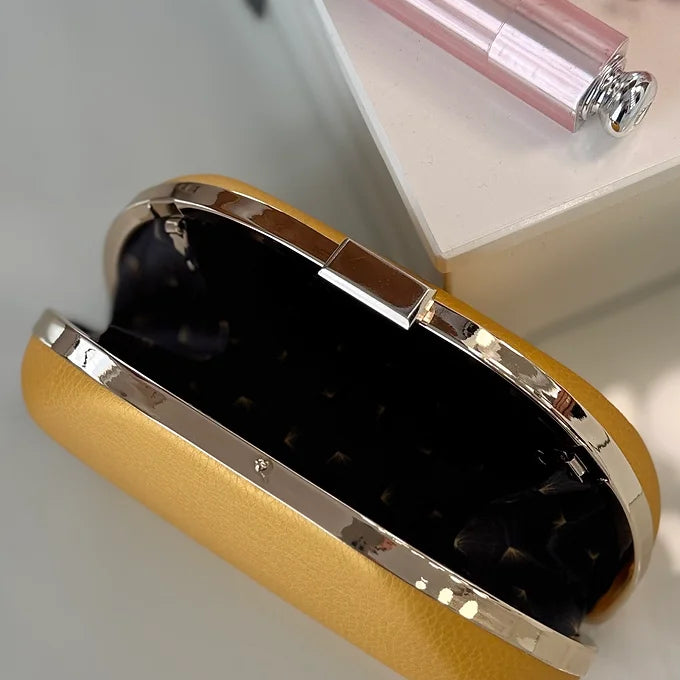 Clutch Gelb Lederimitat – Abendtasche Gold Kette – Elegante Party Tasche Damen