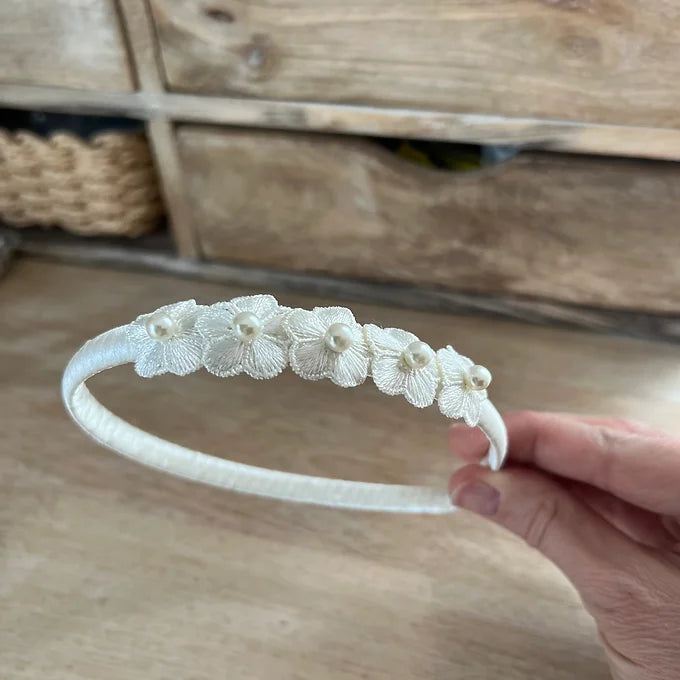 Kommunion Haarschmuck, Haarreif Kommunion mit Blumen und Perlen in ivory oder weiß