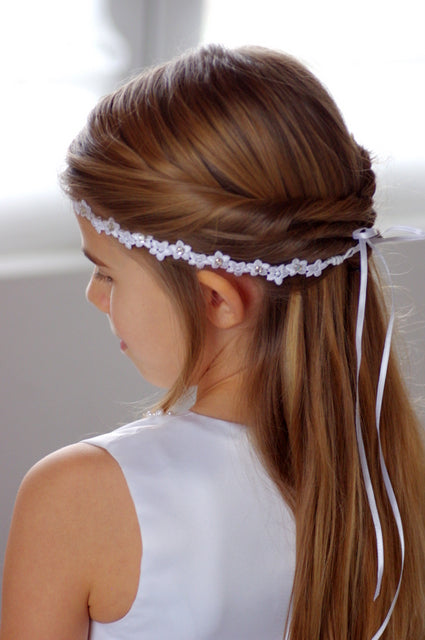 Perlen Haarband – Kommunion Haarband aus Spitzenblüten & Strasssteinen