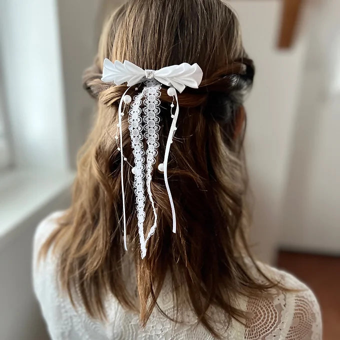 Kommunion Haarschmuck, Kommunion Schleife mit Bändern und Strassstein