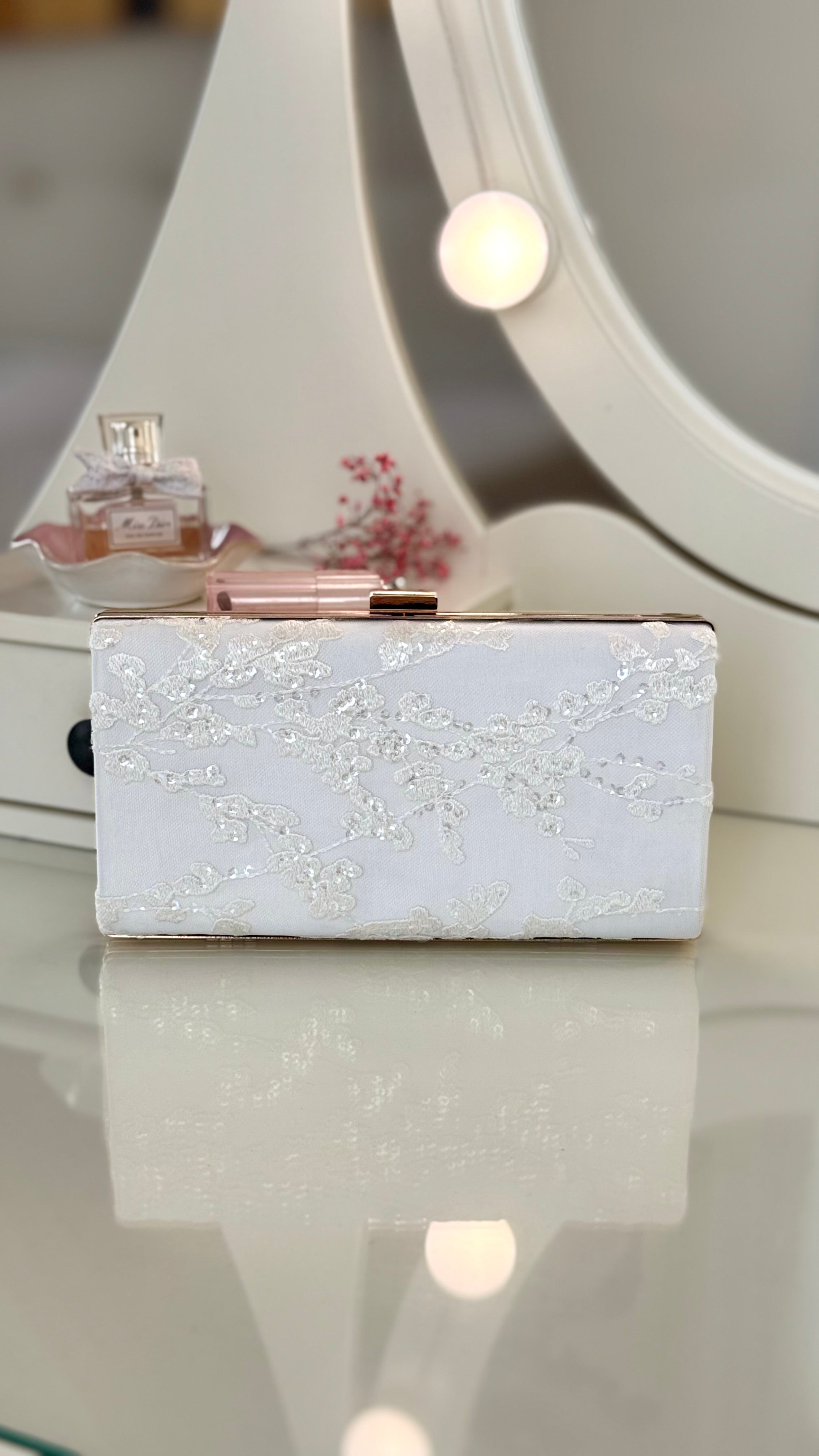 Braut Clutch Gold – Elegante Off-White Hochzeitstasche mit Kette