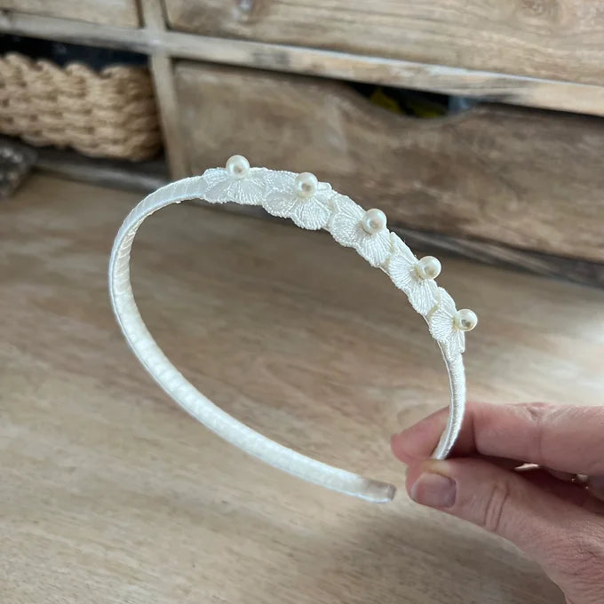Kommunion Haarschmuck, Haarreif Kommunion mit Blumen und Perlen in ivory oder weiß