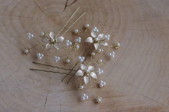 Blumen Haarnadel – 3er-Set Ivory/Weiß mit Perlen