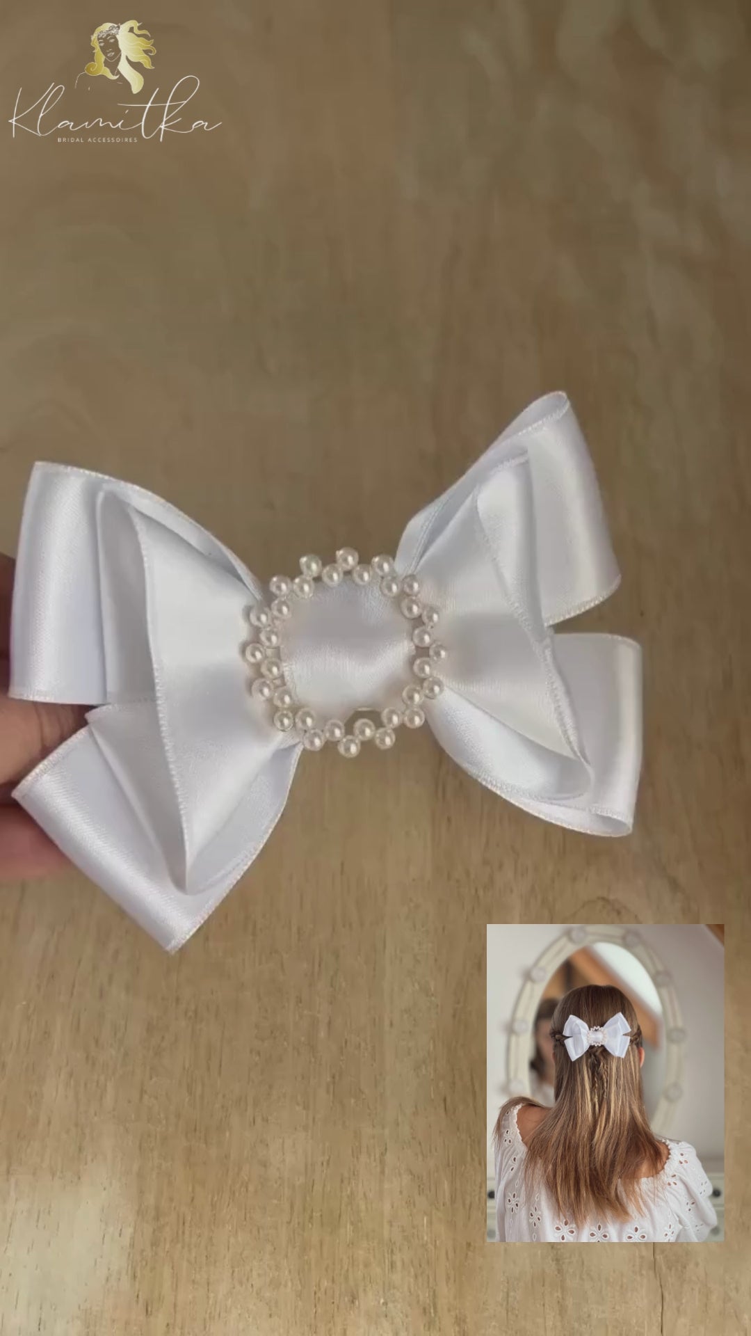 Haarschmuck Kommunion, Haarschleife Kommunion aus Satin und Perlenring