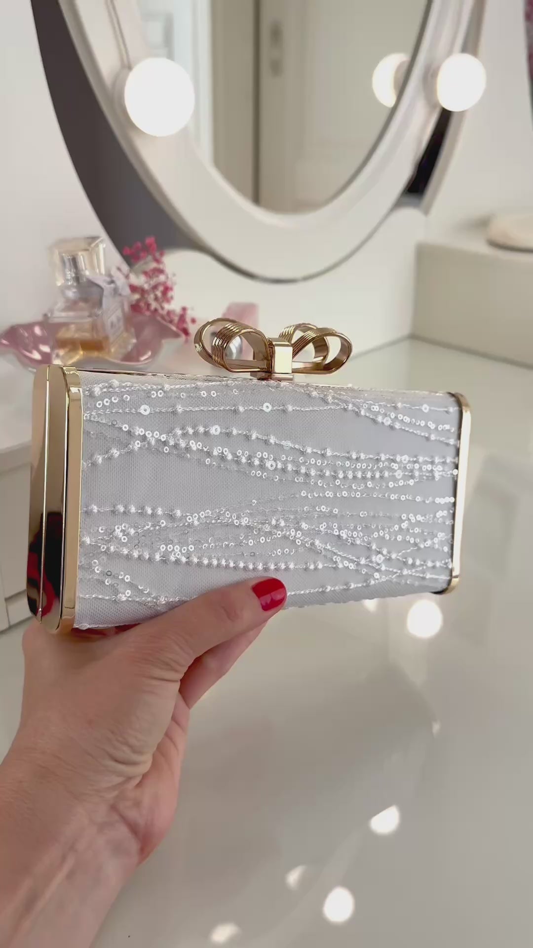 Braut Clutch Spitze Off-White – Hochzeitstasche mit Kette – elegante Brauttasche