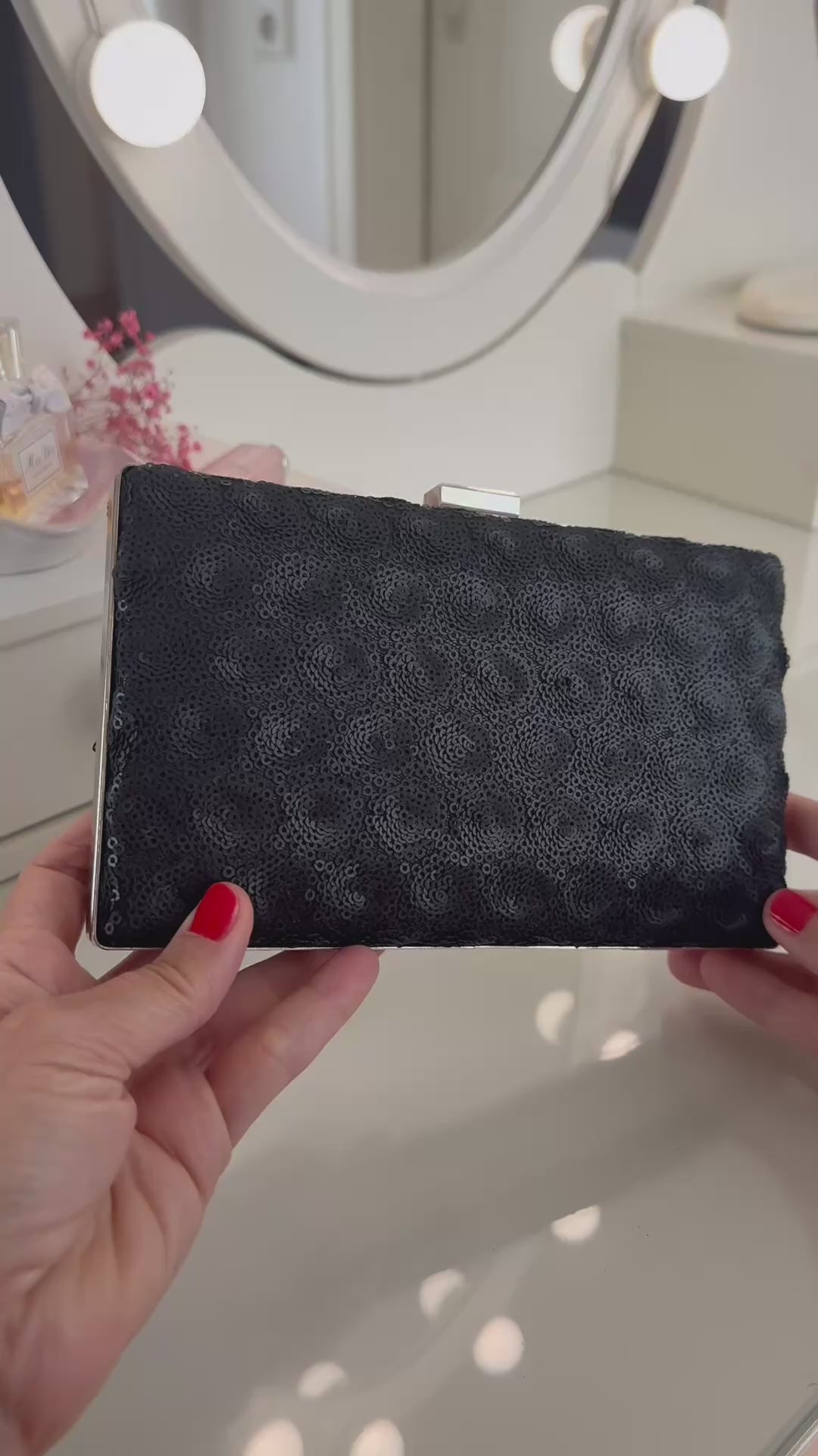 Elegante schwarze Clutch Tasche aus Pailletten Stoff Abendtasche für Damen Gala